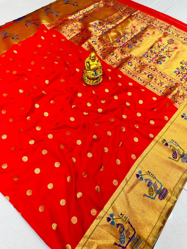 Classic Red Paithani Silk Saree With Elision Blouse Piece Manzar-Paithani Silk