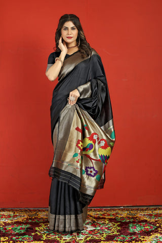 Felicitous Black Paithani Silk Saree With Marvellous Blouse Piece Manzar-Paithani Silk