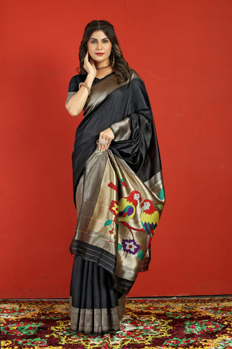 Felicitous Black Paithani Silk Saree With Marvellous Blouse Piece Manzar-Paithani Silk