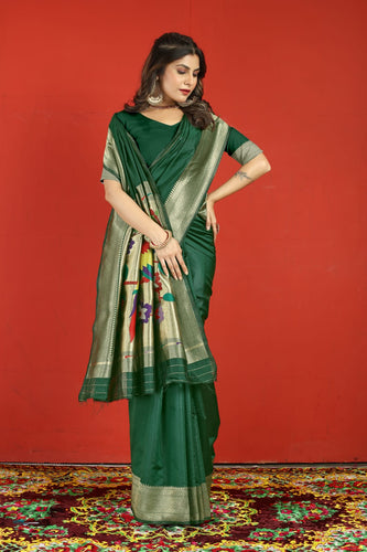 Symmetrical Dark Green Paithani Silk Saree With Extraordinary Blouse Piece Manzar-Paithani Silk