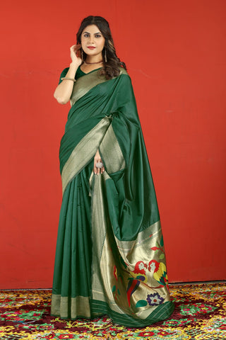 Symmetrical Dark Green Paithani Silk Saree With Extraordinary Blouse Piece Manzar-Paithani Silk