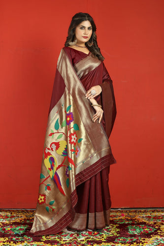 Transcendent Maroon Paithani Silk Saree With Stylish Blouse Piece Manzar-Paithani Silk