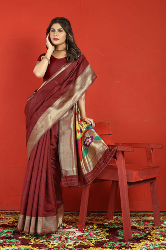 Transcendent Maroon Paithani Silk Saree With Stylish Blouse Piece Manzar-Paithani Silk