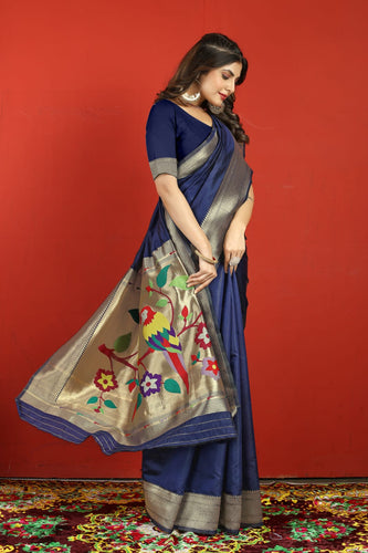 Prodigal Navy Blue Paithani Silk Saree With Surpassing Blouse Piece Manzar-Paithani Silk