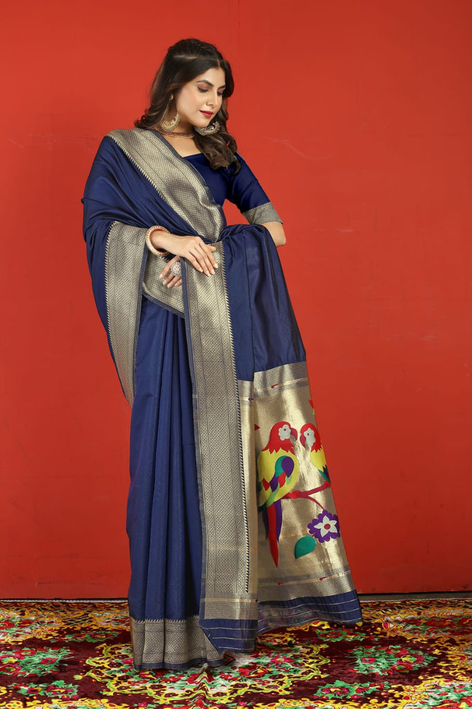 Navy Blue & Red Paithani Silk Saree - Mejaaz Fashion