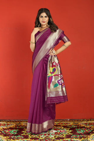 Proficient Purple Paithani Silk Saree With Flameboyant Blouse Piece Manzar-Paithani Silk