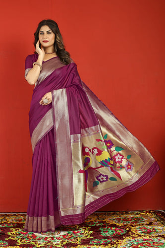 Proficient Purple Paithani Silk Saree With Flameboyant Blouse Piece Manzar-Paithani Silk