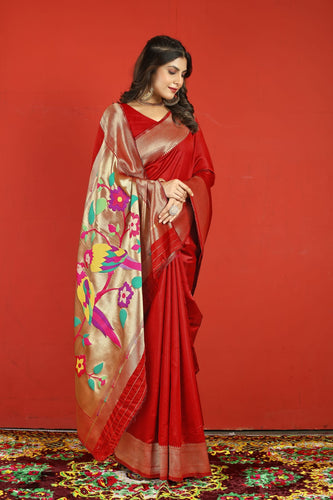 Splendorous Red Paithani Silk Saree With Ratatouille Blouse Piece Manzar-Paithani Silk