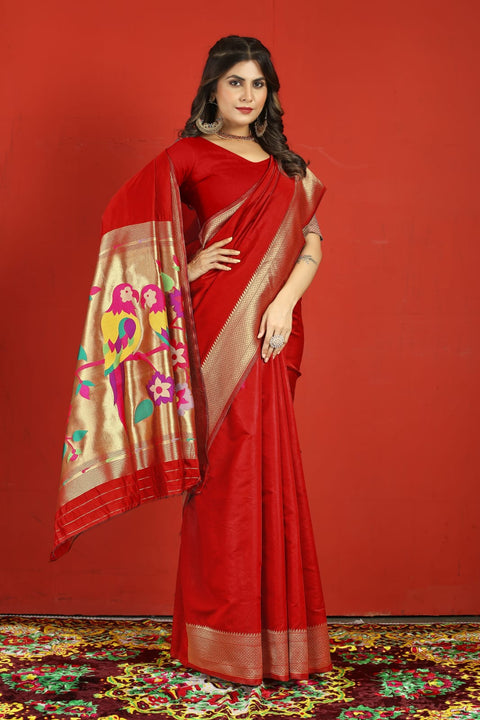 Splendorous Red Paithani Silk Saree With Ratatouille Blouse Piece Manzar-Paithani Silk Main image