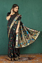 Load image into Gallery viewer, Propinquity Black Paithani Silk Saree With Demesne Blouse Piece Manzar-Paithani Silk