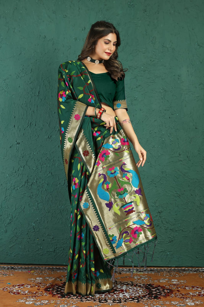 Quintessential Dark Green Paithani Silk Saree With Mellifluous Blouse Piece Manzar-Paithani Silk