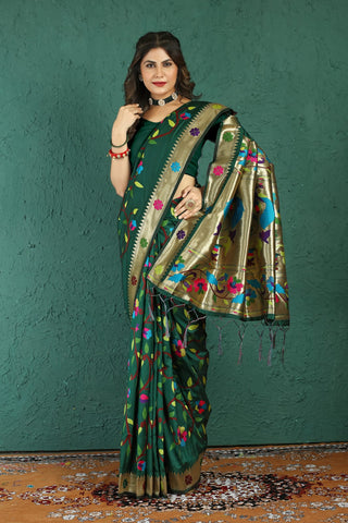 Quintessential Dark Green Paithani Silk Saree With Mellifluous Blouse Piece Manzar-Paithani Silk