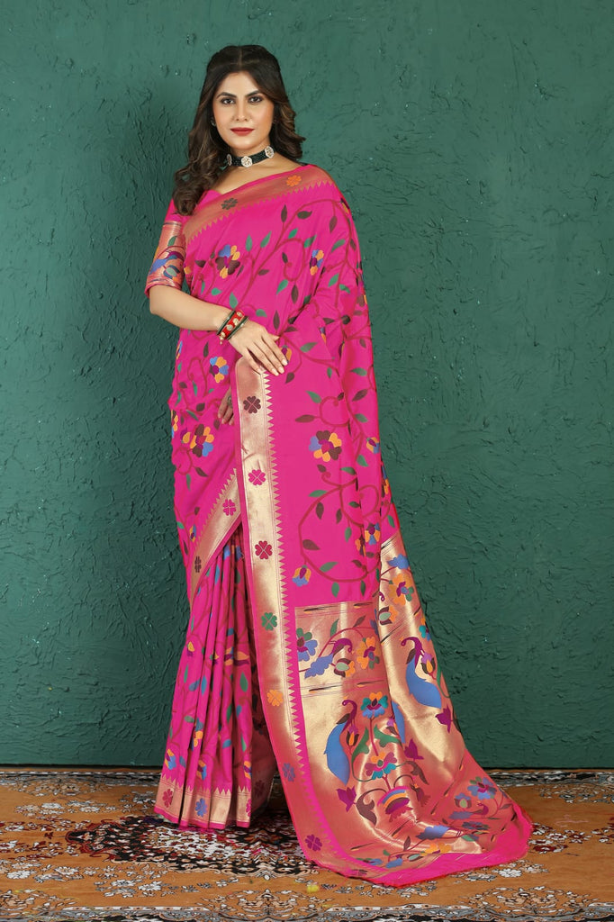 Ratatouille Dark Pink Paithani Silk Saree With Devastating Blouse Piece Manzar-Paithani Silk