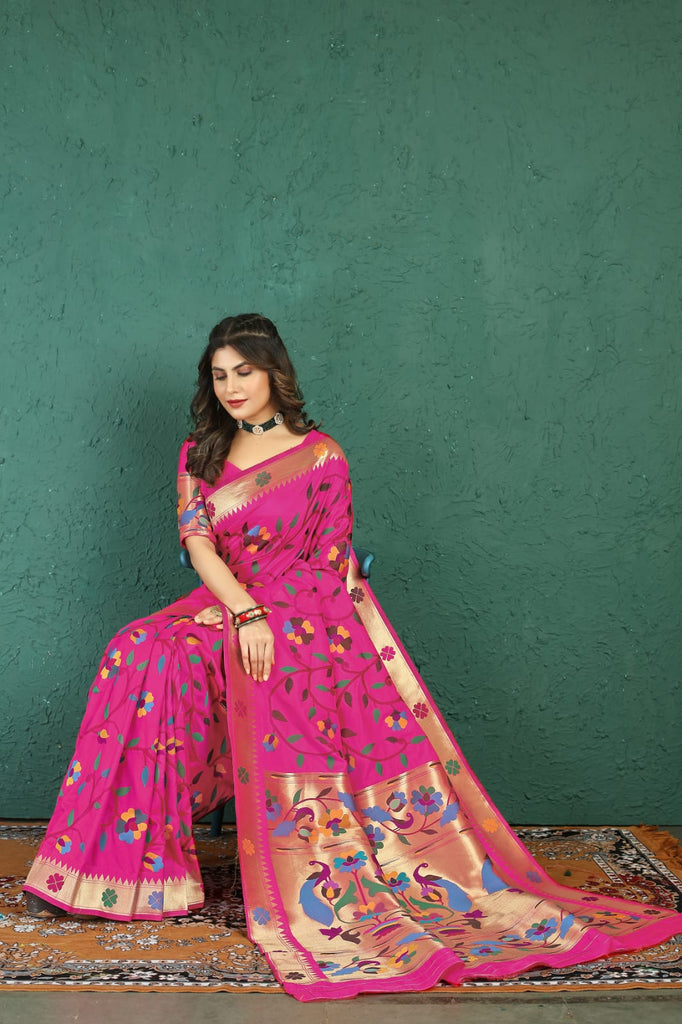 Ratatouille Dark Pink Paithani Silk Saree With Devastating Blouse Piece Manzar-Paithani Silk