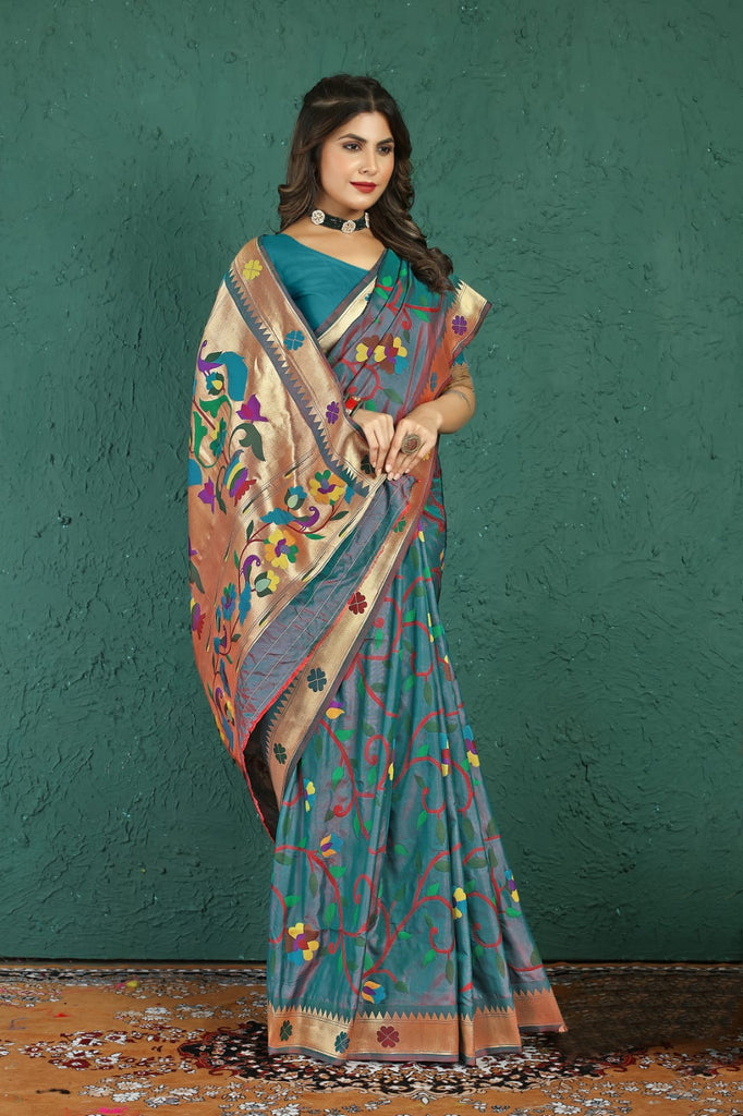 Scintilla Grey Paithani Silk Saree With Tempting Blouse Piece Manzar-Paithani Silk