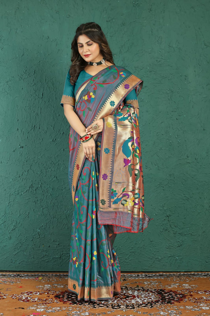 Scintilla Grey Paithani Silk Saree With Tempting Blouse Piece Manzar-Paithani Silk