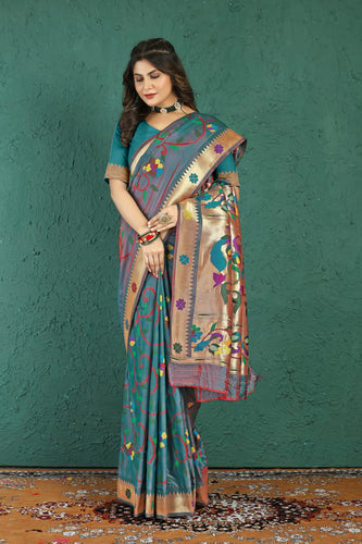 Scintilla Grey Paithani Silk Saree With Tempting Blouse Piece Manzar-Paithani Silk