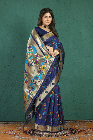 Surreptitious Navy Blue Paithani Silk Saree With Magnetic Blouse Piece Manzar-Paithani Silk