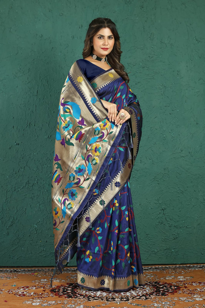 Surreptitious Navy Blue Paithani Silk Saree With Magnetic Blouse Piece Manzar-Paithani Silk