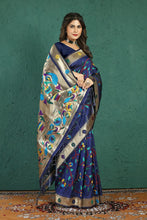 Load image into Gallery viewer, Surreptitious Navy Blue Paithani Silk Saree With Magnetic Blouse Piece Manzar-Paithani Silk