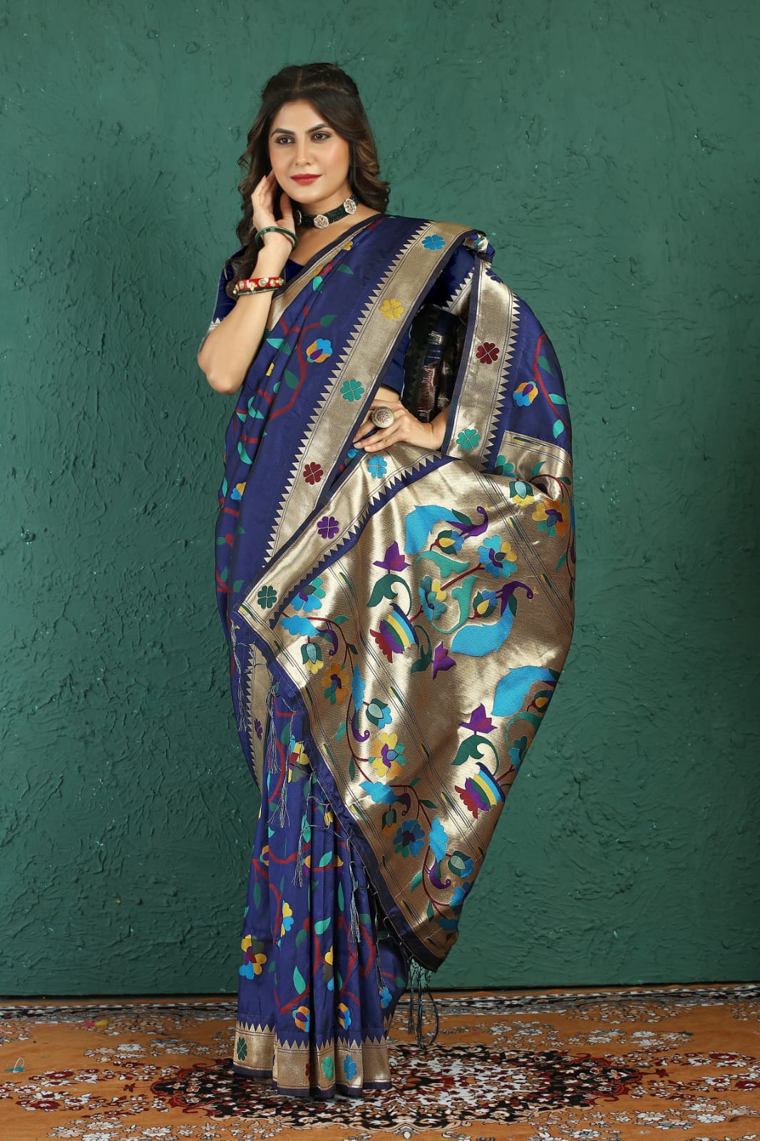 Surreptitious Navy Blue Paithani Silk Saree With Magnetic Blouse Piece Manzar-Paithani Silk