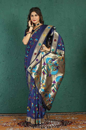 Surreptitious Navy Blue Paithani Silk Saree With Magnetic Blouse Piece Manzar-Paithani Silk