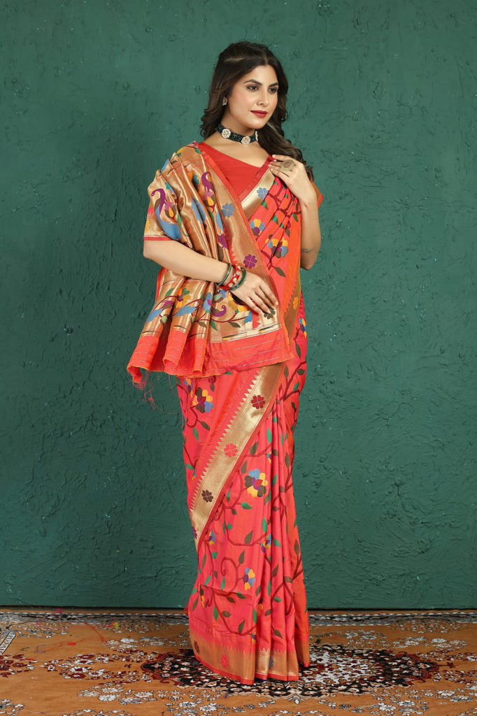 Splendiferous Peach Paithani Silk Saree With Murmurous Blouse Piece Manzar-Paithani Silk