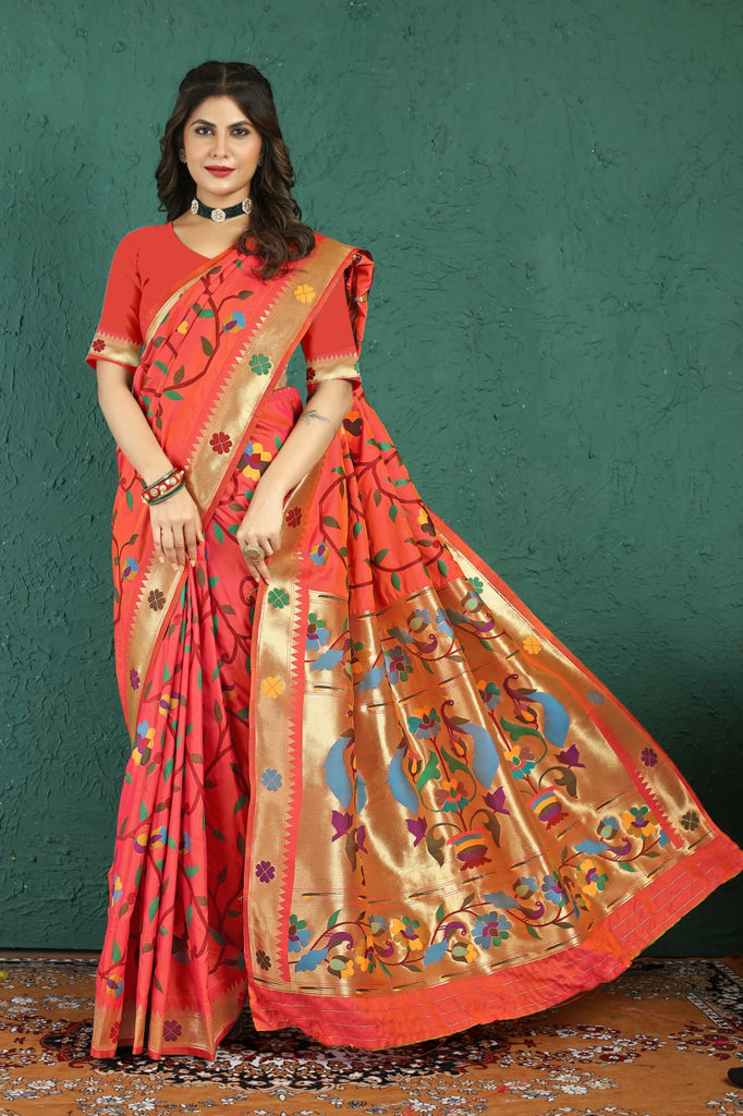 Splendiferous Peach Paithani Silk Saree With Murmurous Blouse Piece Manzar-Paithani Silk