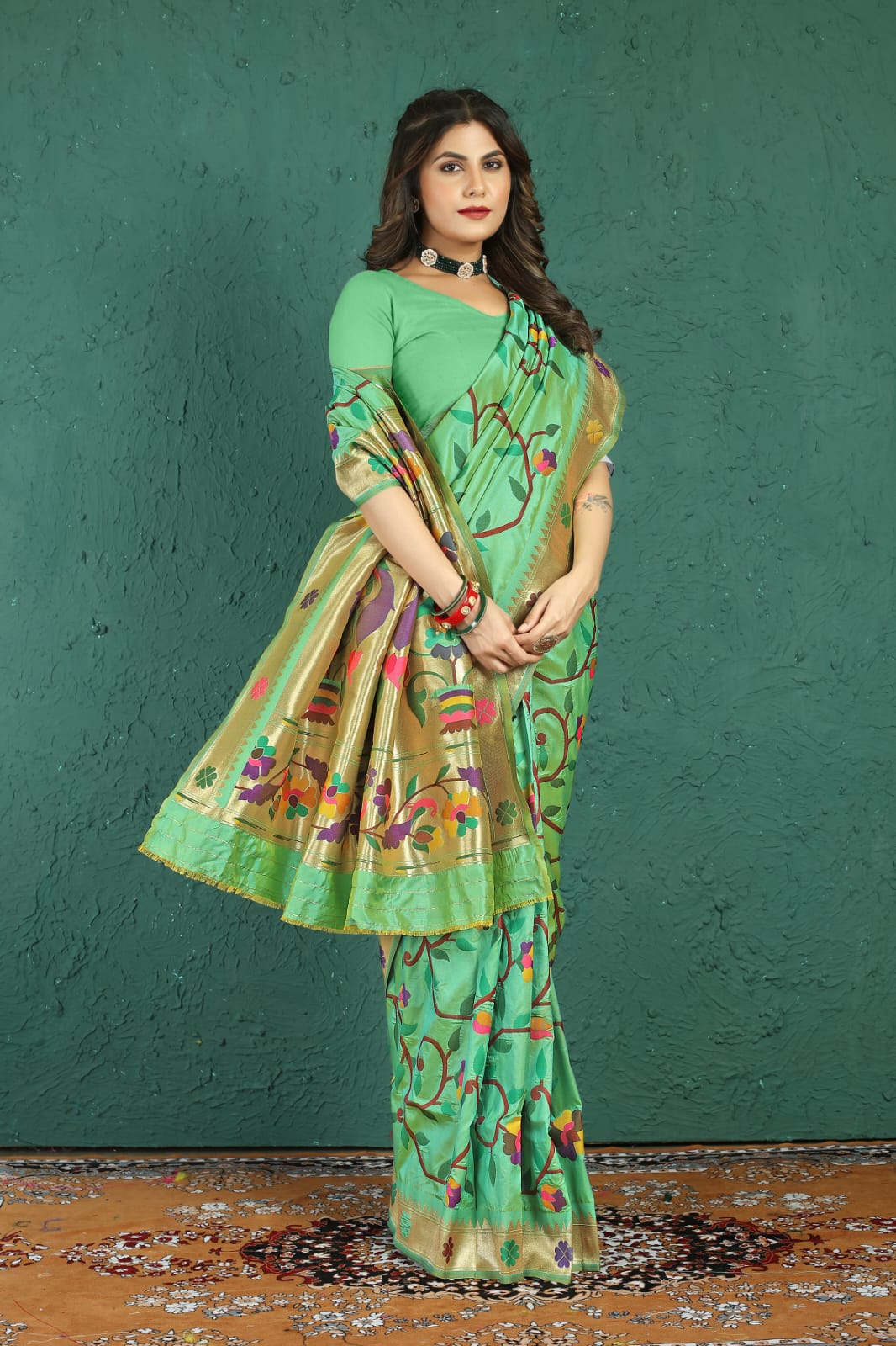 Incredible Pista Paithani Silk Saree With Panoply Blouse Piece Manzar-Paithani Silk Main image