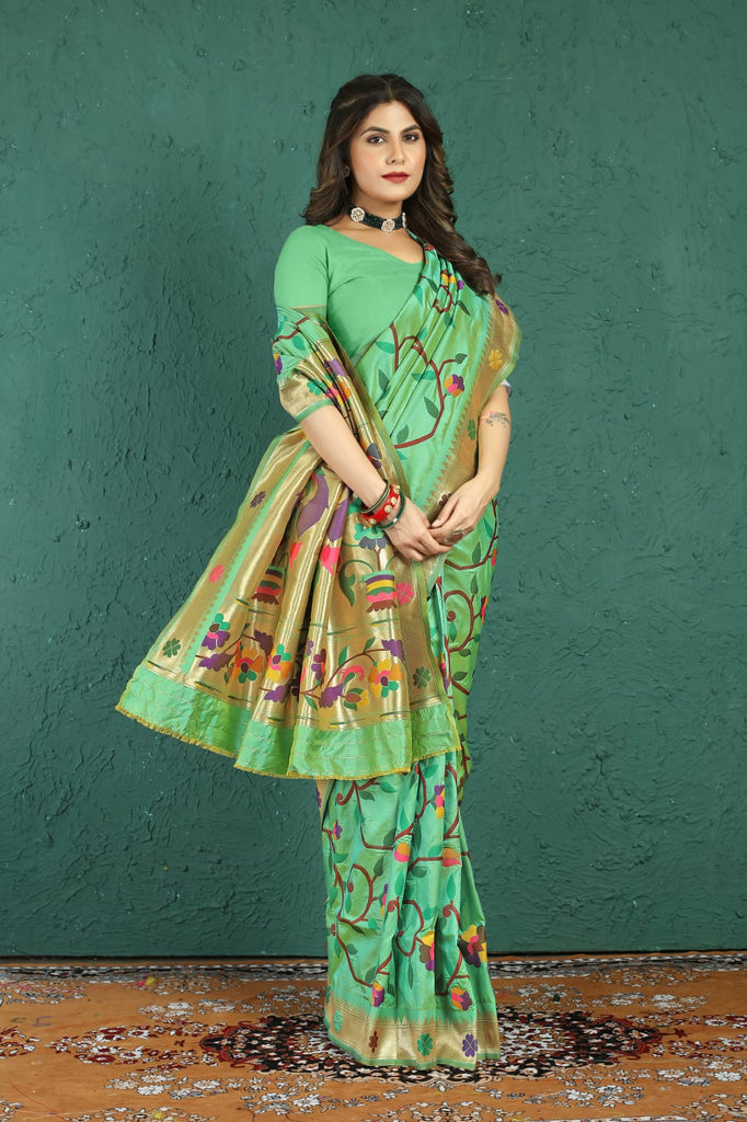 Incredible Pista Paithani Silk Saree With Panoply Blouse Piece Manzar-Paithani Silk