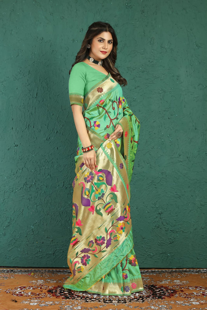 Incredible Pista Paithani Silk Saree With Panoply Blouse Piece Manzar-Paithani Silk