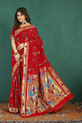 Improbable Red Paithani Silk Saree With Palimpsest Blouse Piece Manzar-Paithani Silk