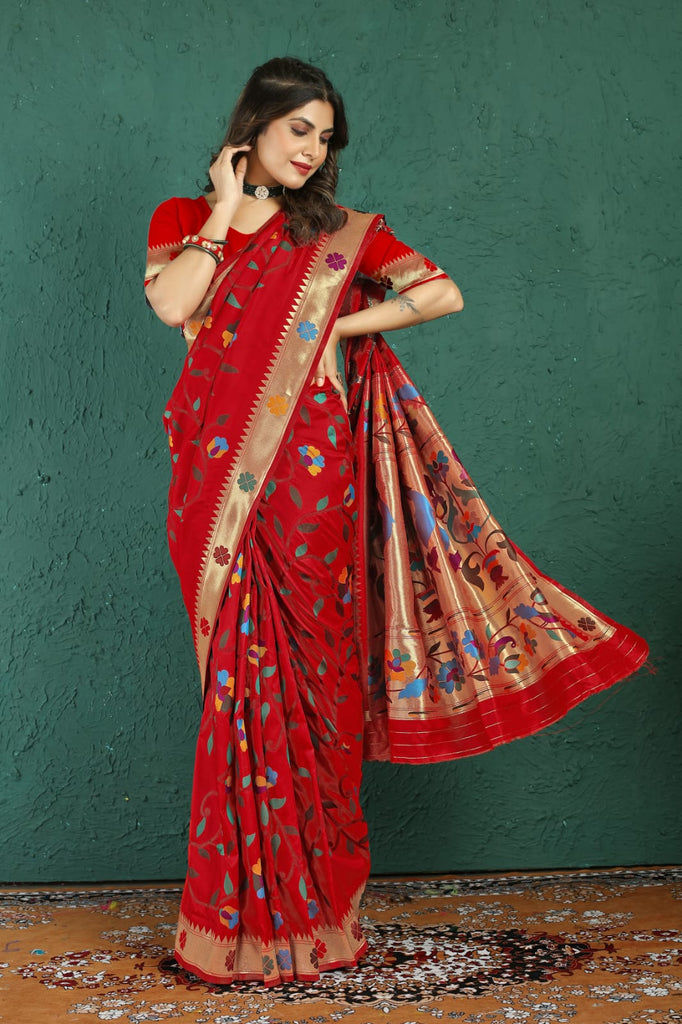 Improbable Red Paithani Silk Saree With Palimpsest Blouse Piece Manzar-Paithani Silk