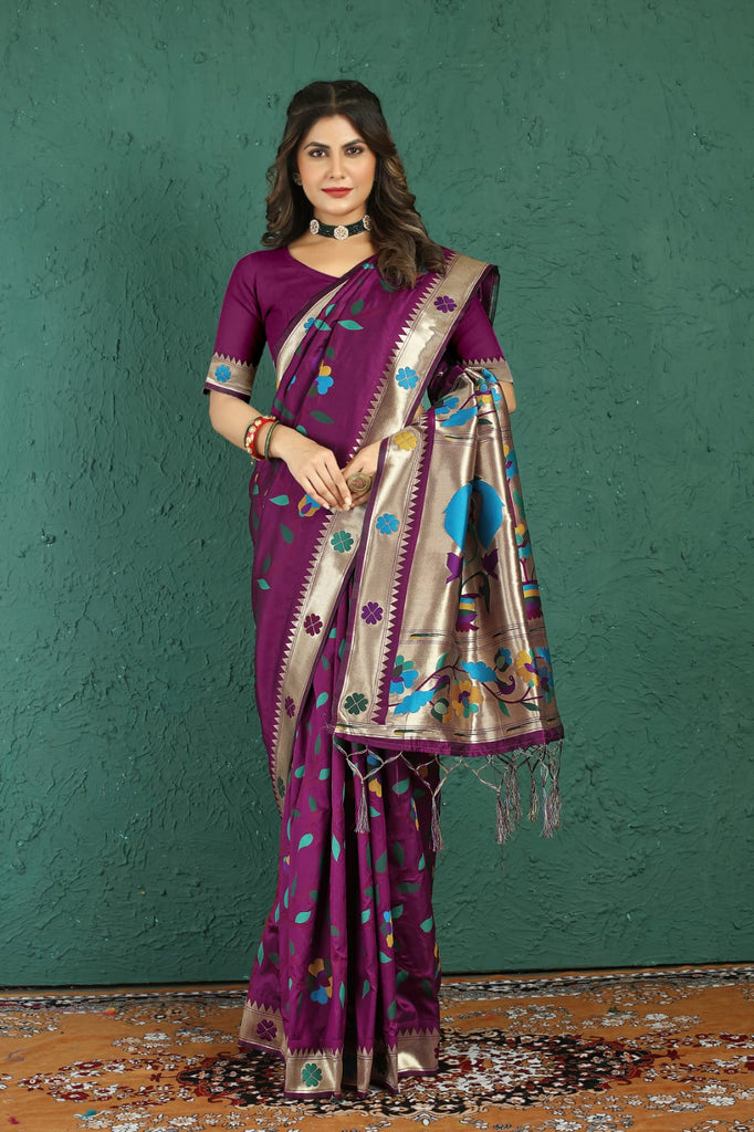 Scrumptious Wine Paithani Silk Saree With Dalliance Blouse Piece Manzar-Paithani Silk