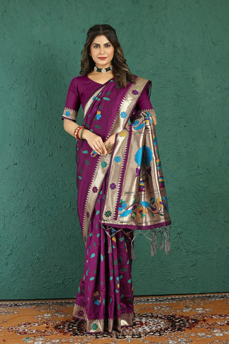 Scrumptious Wine Paithani Silk Saree With Dalliance Blouse Piece Manzar-Paithani Silk