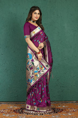 Scrumptious Wine Paithani Silk Saree With Dalliance Blouse Piece Manzar-Paithani Silk