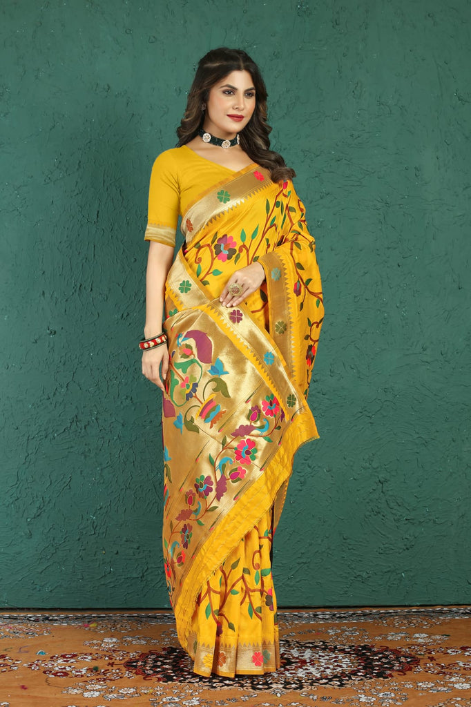 Comely Yellow Paithani Silk Saree With Adoring Blouse Piece Manzar-Paithani Silk