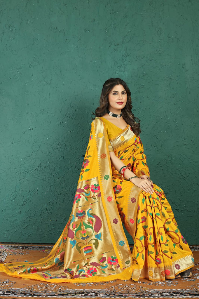 Comely Yellow Paithani Silk Saree With Adoring Blouse Piece Manzar-Paithani Silk