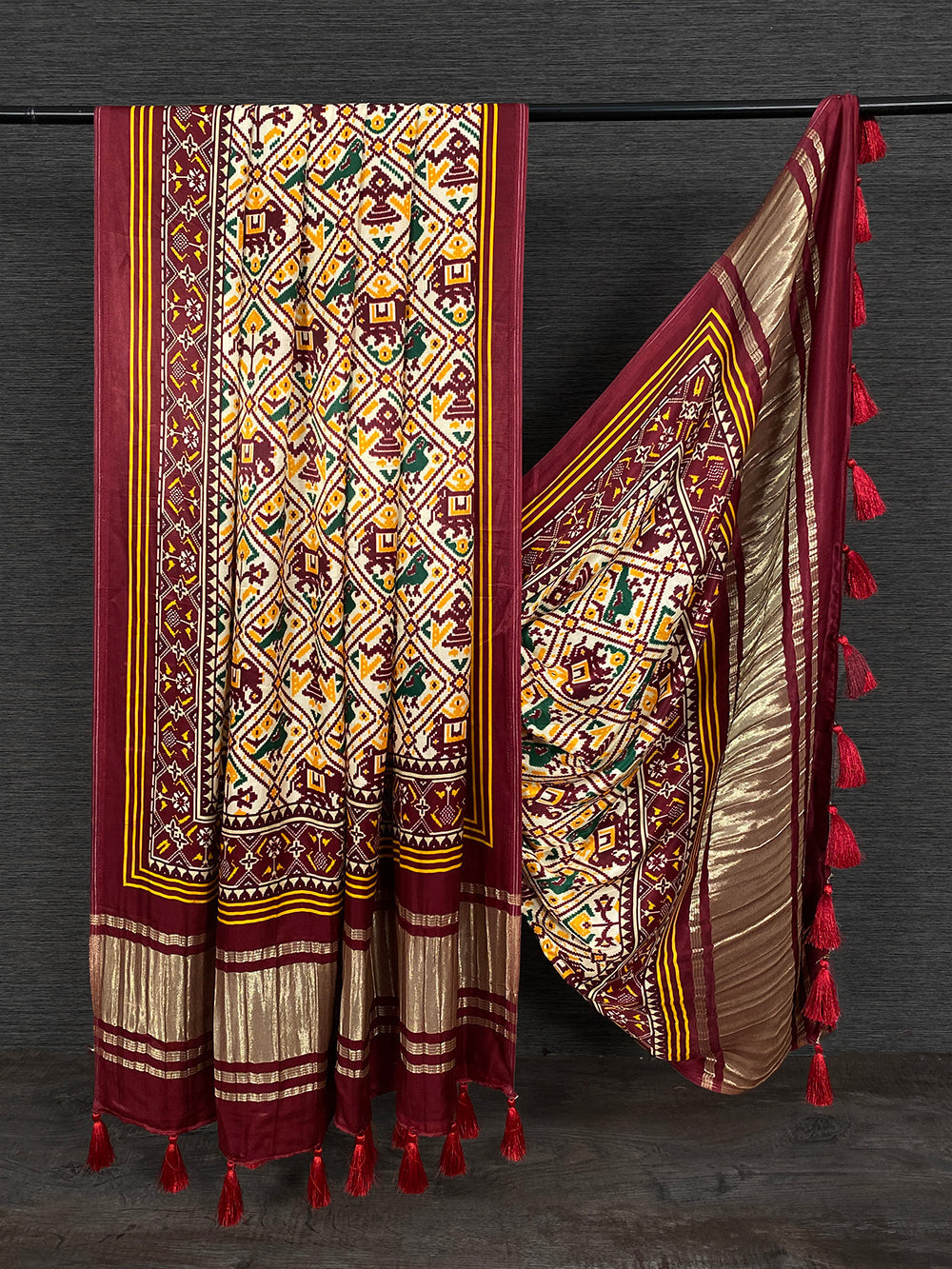 Maroon Color Digital Patola Printed Pure Gaji Silk Dupatta With Tassels Clothsvilla Main image