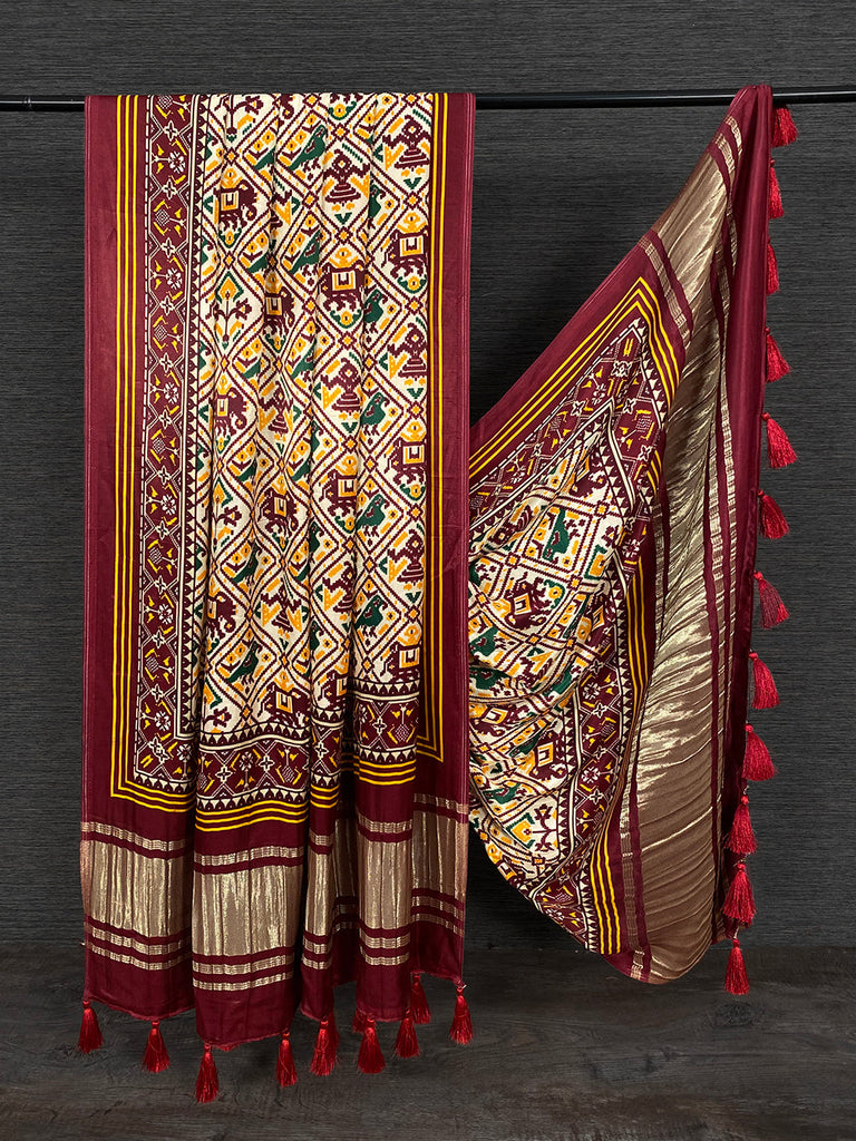 Maroon Color Digital Patola Printed Pure Gaji Silk Dupatta With Tassels Clothsvilla