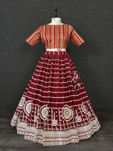 Maroon Color Paper Mirror Work And Thread Embroidery Work Georgette Lehenga With Cotton Choli Clothsvilla
