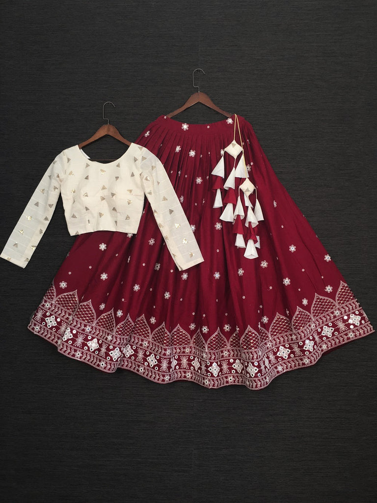 Dark Maroon Lehenga And Crop Top With Zari Embroidered Floral Jaal And A  Pink Dupatta | Maroon lehenga, Lehenga crop top, Indian wedding outfits