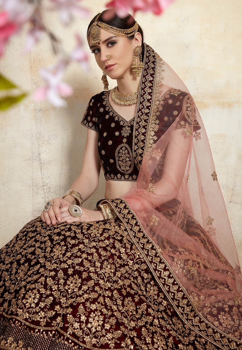 Maroon Adorable  Designer Pure Velvet Semi Stitched Lehenga Choli For Wedding Wear Clothsvilla
