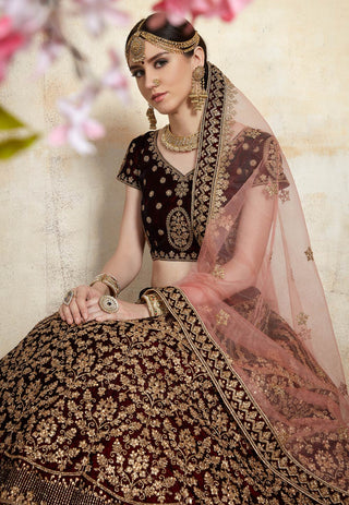 Maroon Adorable  Designer Pure Velvet Semi Stitched Lehenga Choli For Wedding Wear Clothsvilla