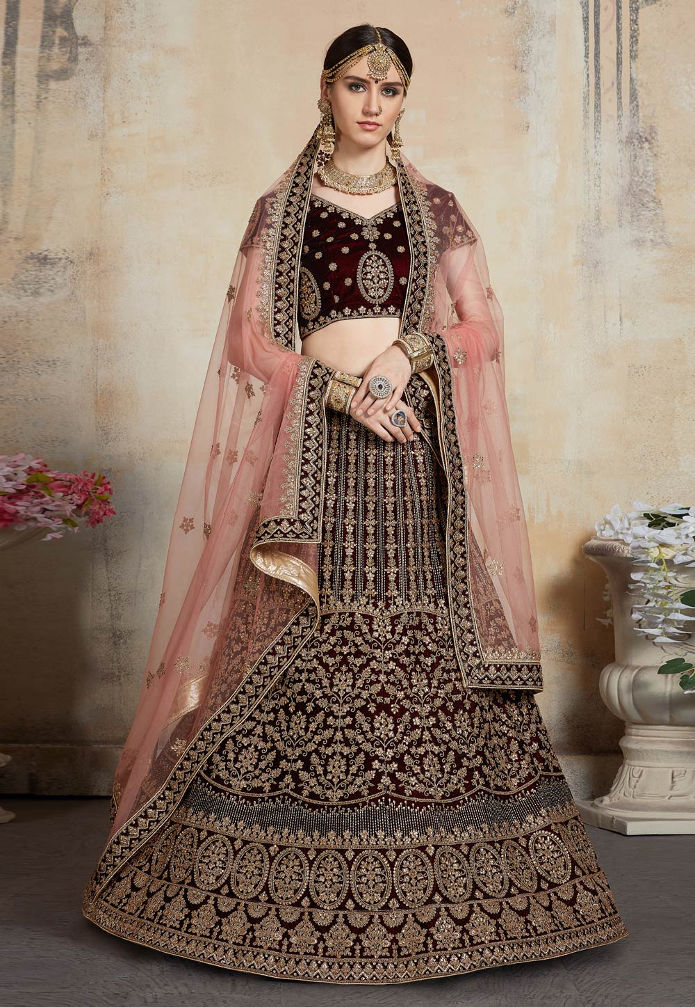 Maroon Adorable  Designer Pure Velvet Semi Stitched Lehenga Choli For Wedding Wear Clothsvilla