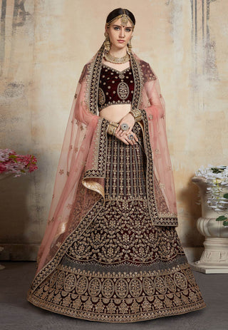 Maroon Adorable  Designer Pure Velvet Semi Stitched Lehenga Choli For Wedding Wear Clothsvilla