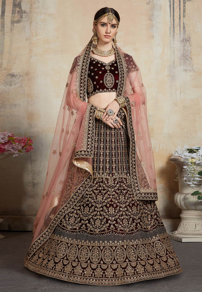 Buy Velvet Embroidered Maroon A Line Lehenga Choli Online : India - Bridal  Lehenga Choli