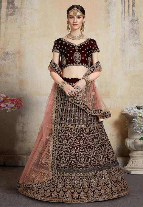 Maroon Adorable  Designer Pure Velvet Semi Stitched Lehenga Choli For Wedding Wear Clothsvilla Main image