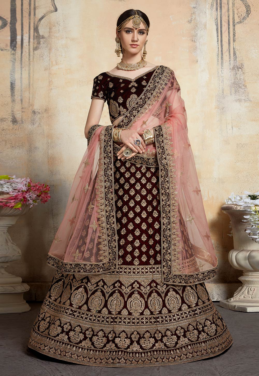 Maroon Adorable  Designer Pure Velvet Semi Stitched Lehenga Choli For Wedding Wear Clothsvilla
