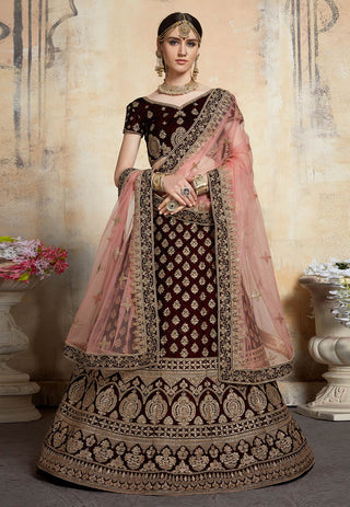 Maroon Adorable  Designer Pure Velvet Semi Stitched Lehenga Choli For Wedding Wear Clothsvilla
